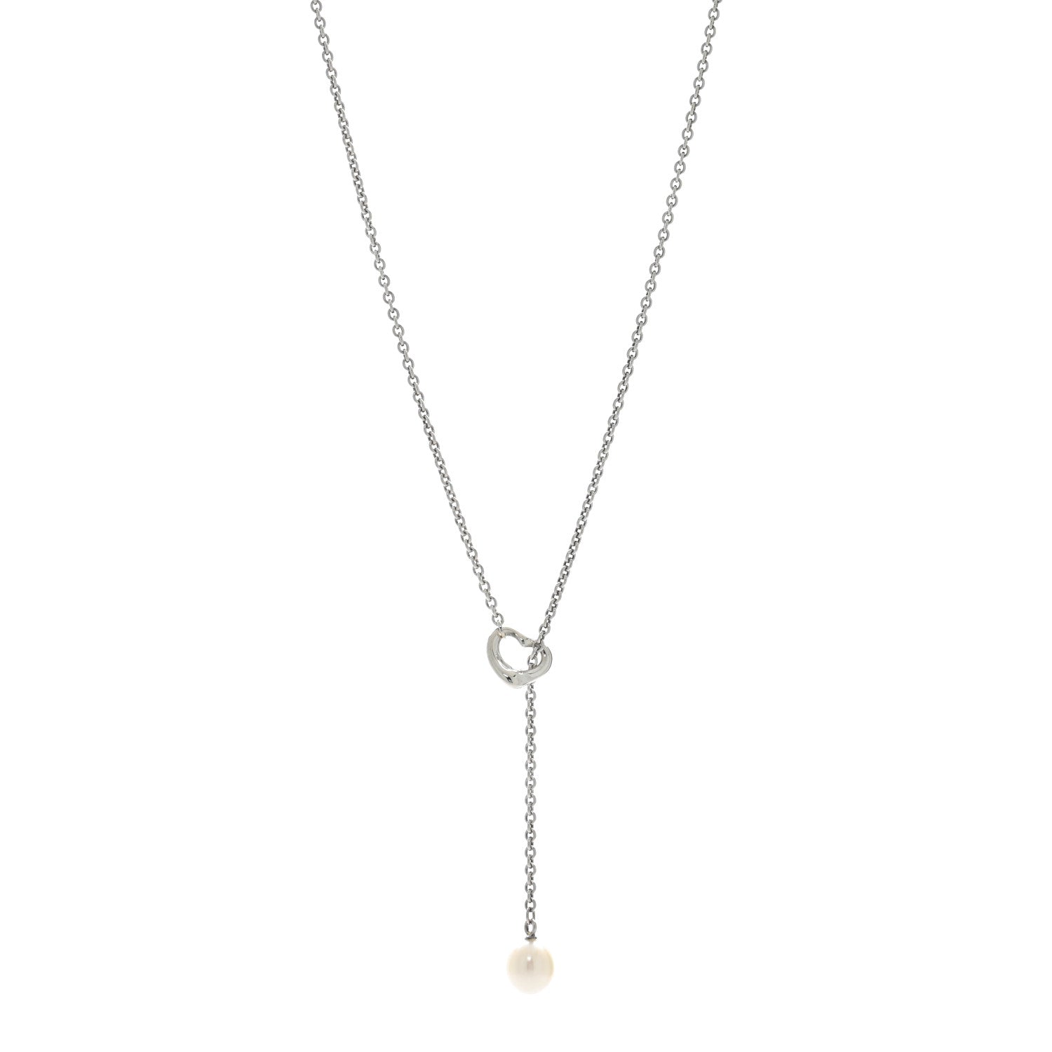 Tiffany Sterling Silver Cultured Pearl 7.5-9mm Elsa Peretti Open Heart Lariat Necklace 1 of 4