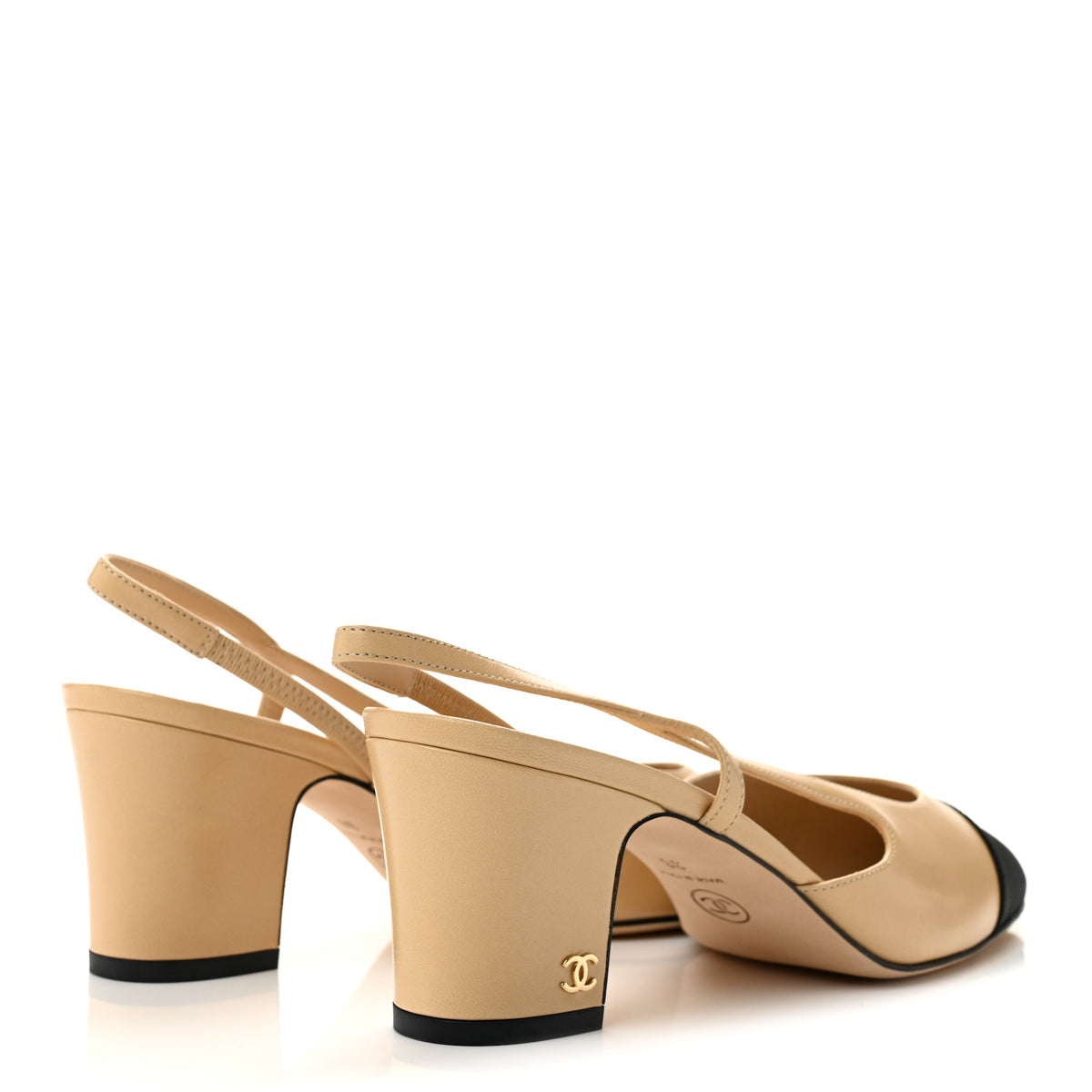 Chanel Goatskin Grosgrain Cap Toe CC Slingback Pumps 38 Beige Black 5 of 10