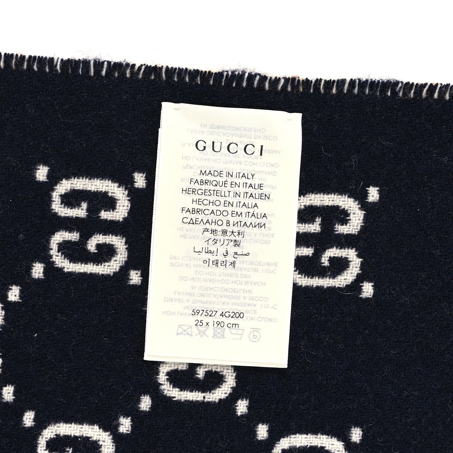 Wool GG Monogram Plaid Rise Reversible Fringe Scarf Midnight Blue Cream