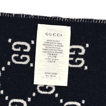 Gucci Wool GG Monogram Plaid Rise Reversible Fringe Scarf Midnight Blue Cream 3 of 4