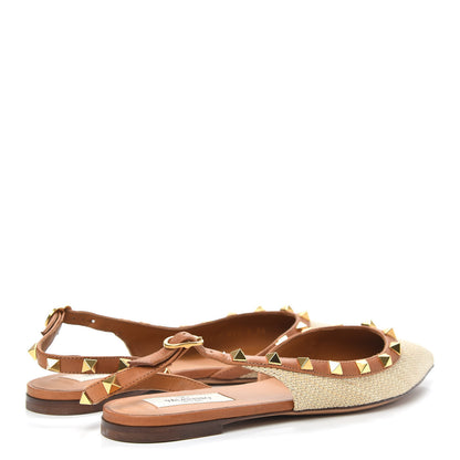 Valentino Garavani Raffia Calfskin Rockstud Slingback Flats 36 Naturale 4 of 10