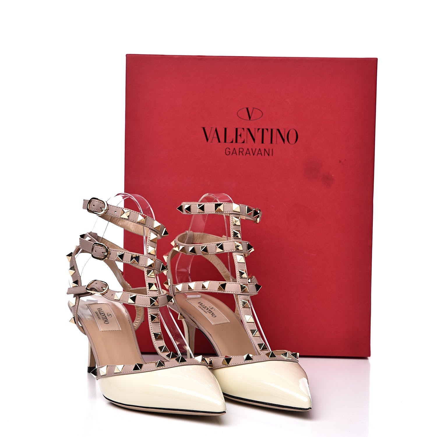 Valentino Garavani Patent Rockstud Ankle Strap Low Heel Pumps 38.5 Ivory Poudre 9 of 9