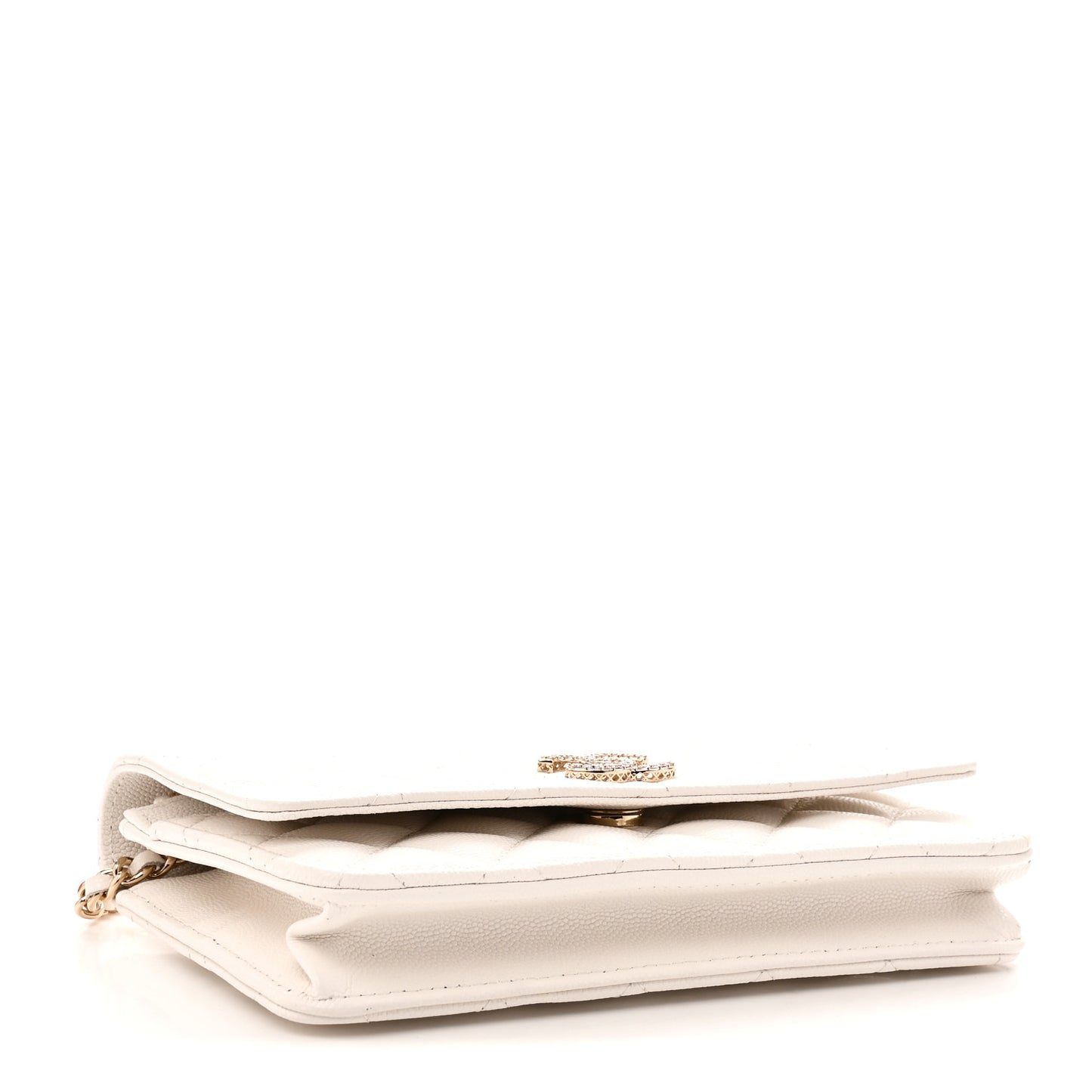 Caviar Quilted Crystal CC Wallet On Chain WOC White