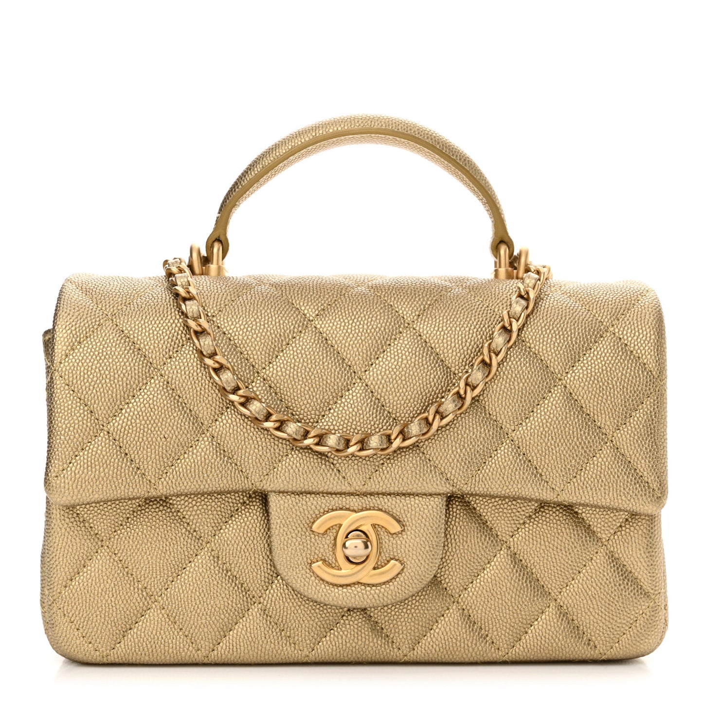 Metallic Caviar Quilted Mini Top Handle Rectangular Flap Gold