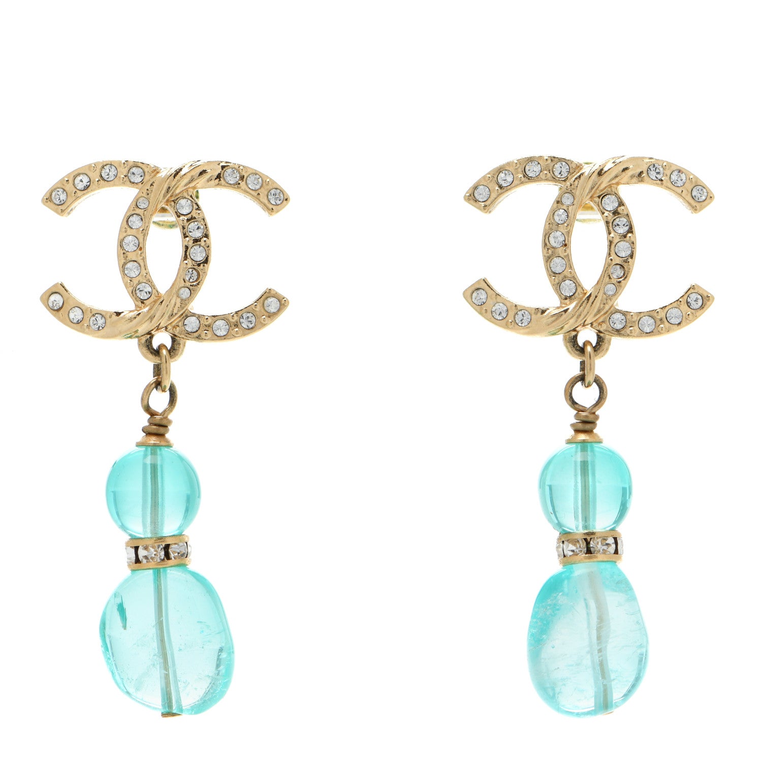 Chanel Crystal Stone CC Drop Earrings Blue Gold 1 of 4