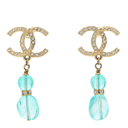 Chanel Crystal Stone CC Drop Earrings Blue Gold 1 of 4