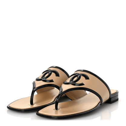 Chanel Lambskin Patent Calfskin CC Thong Sandals 38 Beige Black 4 of 11