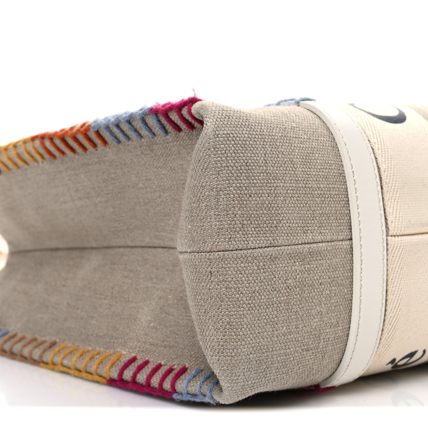 Chloe Linen Canvas Calfskin Blanket Stitched Medium Woody Ribbon Tote White Multicolor 9 of 12