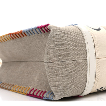 Chloe Linen Canvas Calfskin Blanket Stitched Medium Woody Ribbon Tote White Multicolor 9 of 12
