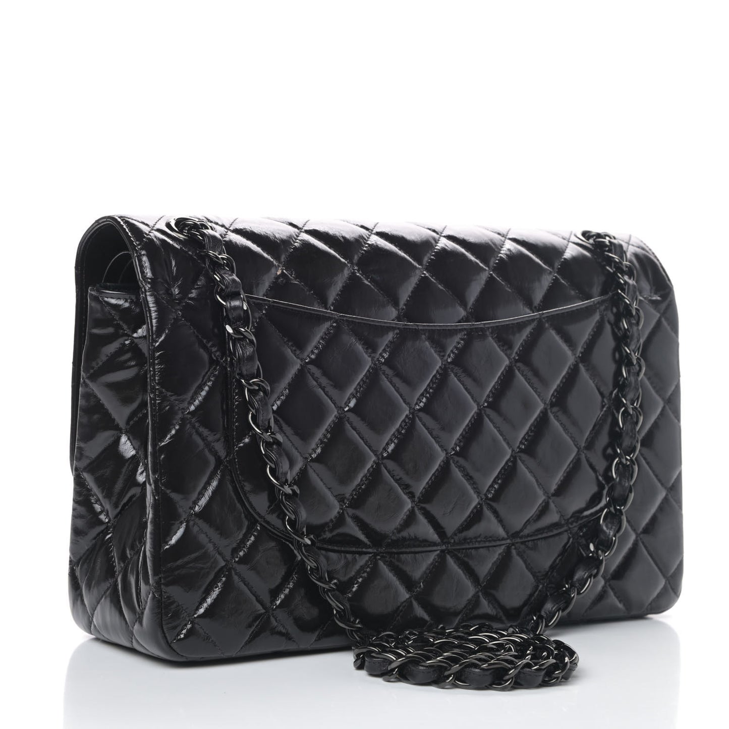 Shiny Distressed Calfskin Quilted Jumbo Double Flap So Black