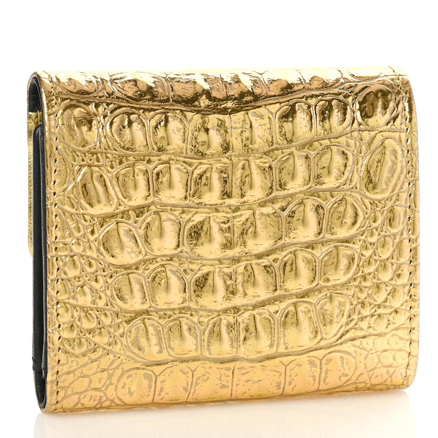 Chanel Metallic Calfskin Crocodile Embossed Cocodile Compact Flap Wallet Gold 3 of 10