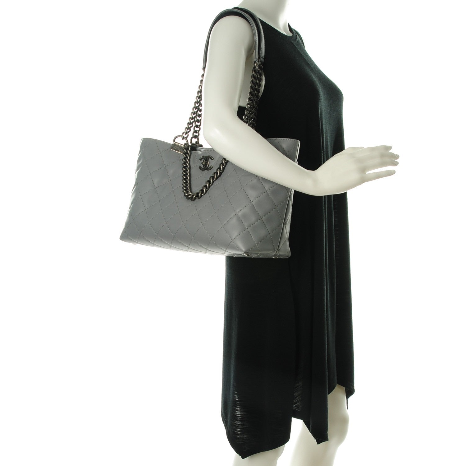 Chanel Calfskin Quilted Small Shopping In Chains Tote Light Grey 2 of 8