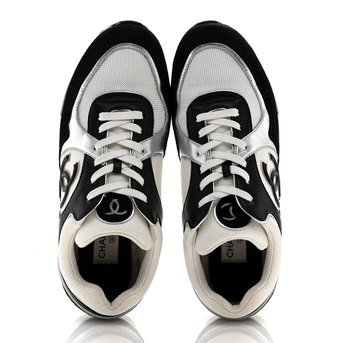 Mesh Suede Calfskin Mens CC Sneakers 44 White Silver Black