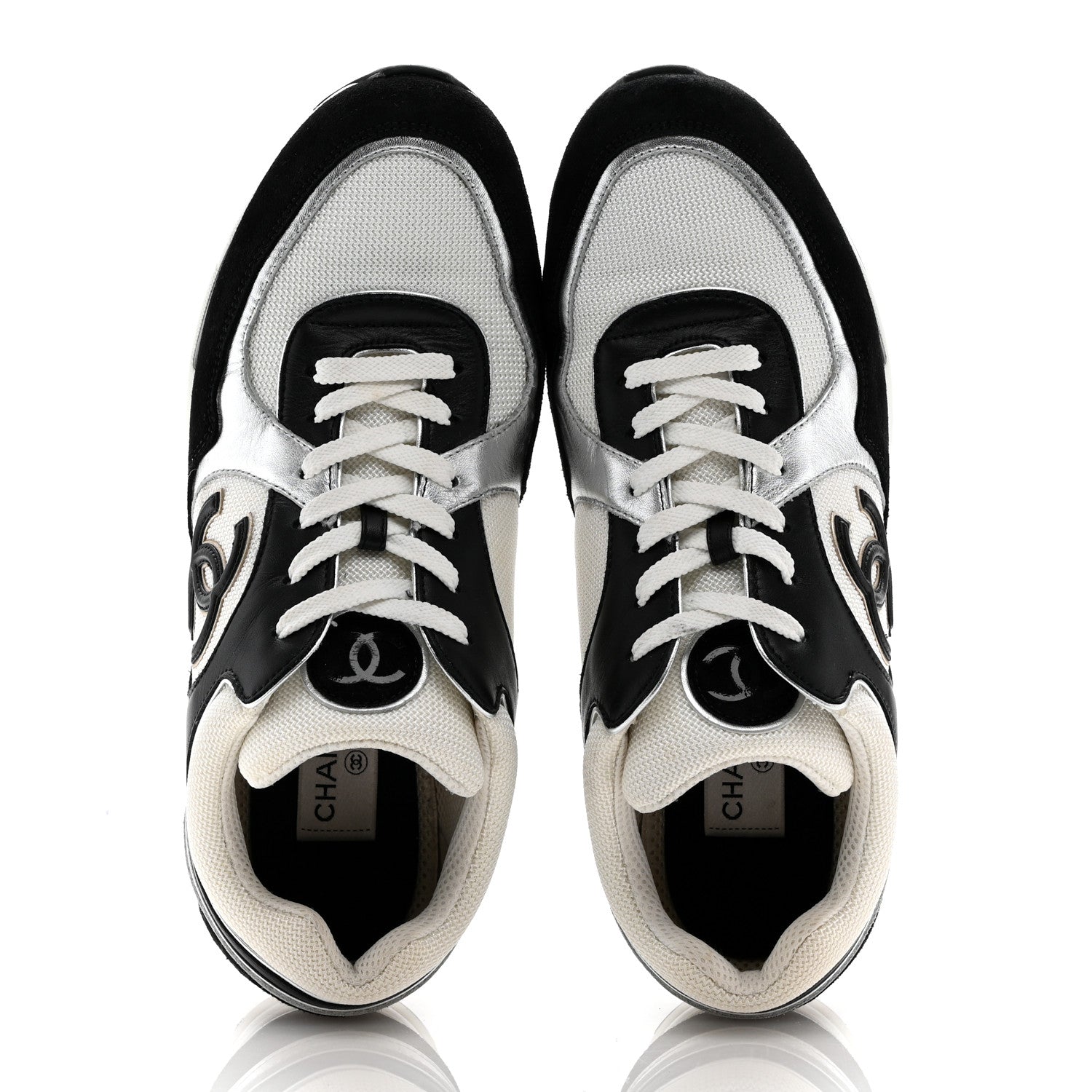 Chanel Mesh Suede Calfskin Mens CC Sneakers 44 White Silver Black 2 of 11