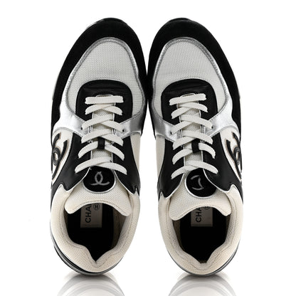 Chanel Mesh Suede Calfskin Mens CC Sneakers 44 White Silver Black 2 of 11