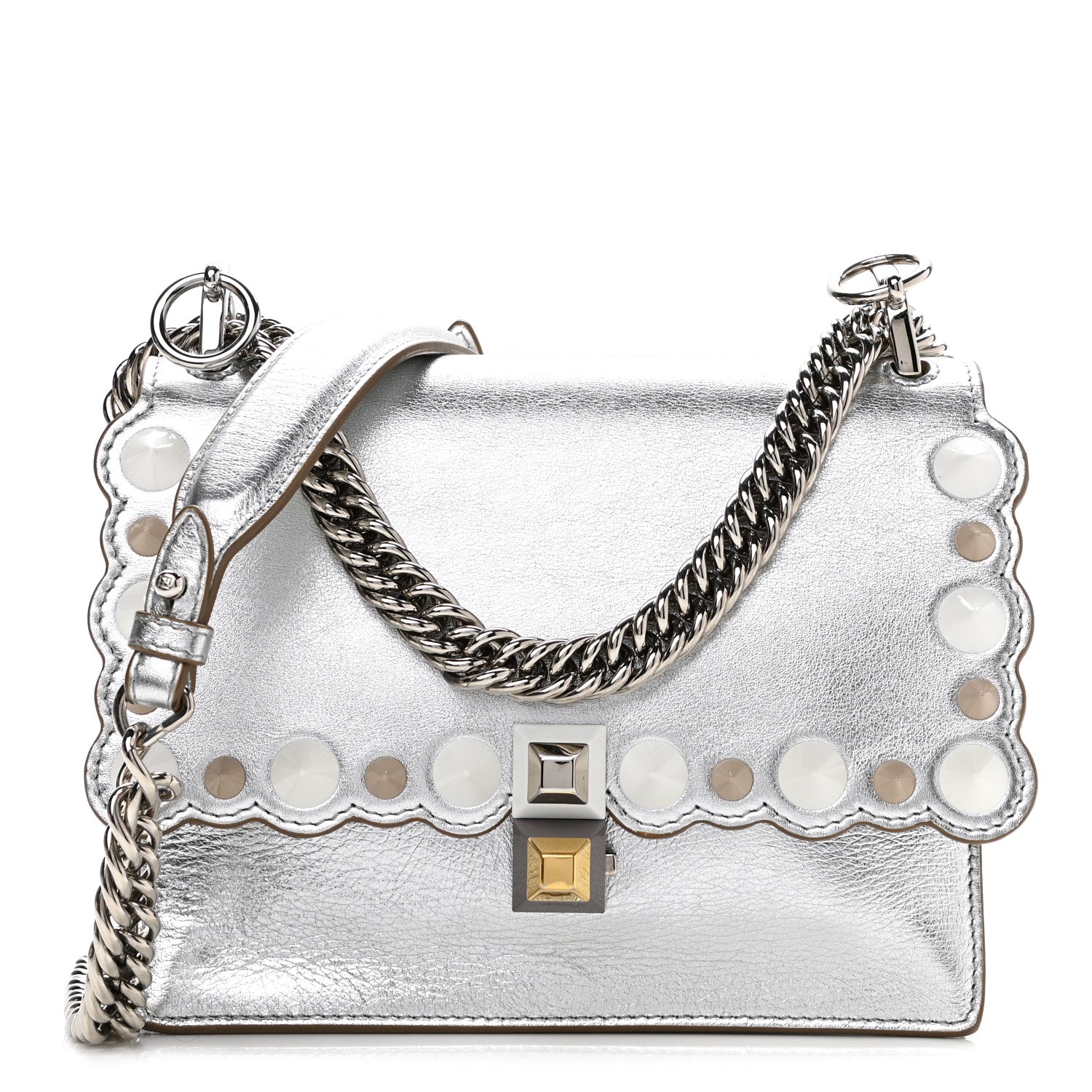 Fendi Vitello Catalan Mirror Scalloped Multi Studded Small Kan I Shoulder Bag Argento 1 of 11