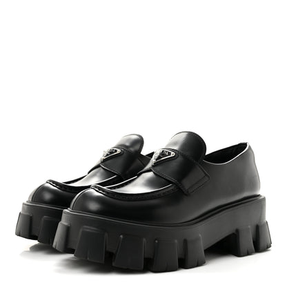 Prada Spazzolato Rois Metal Triangle Logo Monolith 55mm Loafers 39 Black 4 of 10