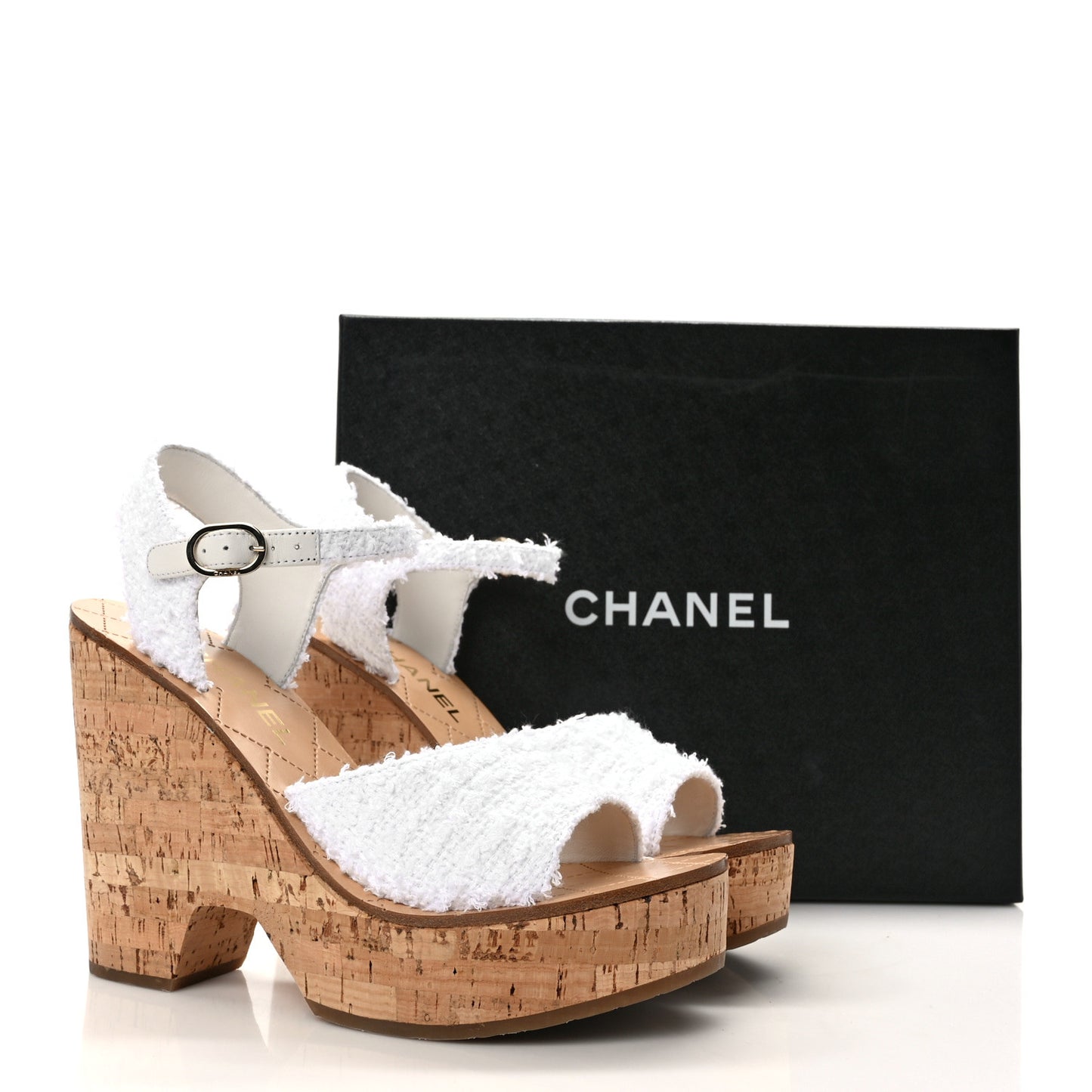 Tweed Cork CC Wedge Sandals 40 White