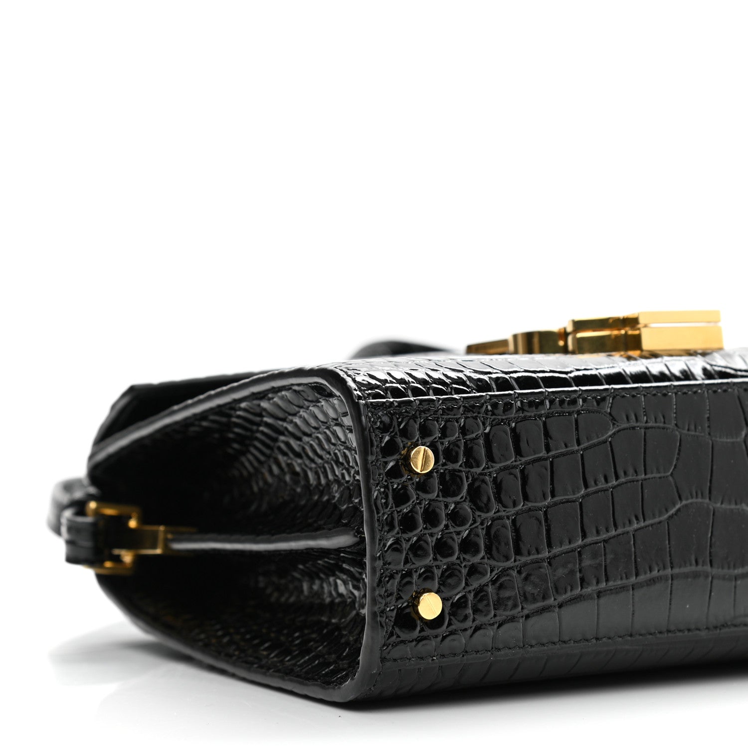 Saint Laurent Calfskin Crocodile Embossed Mini Classic Monogram Cassandra Top Handle Black 9 of 10