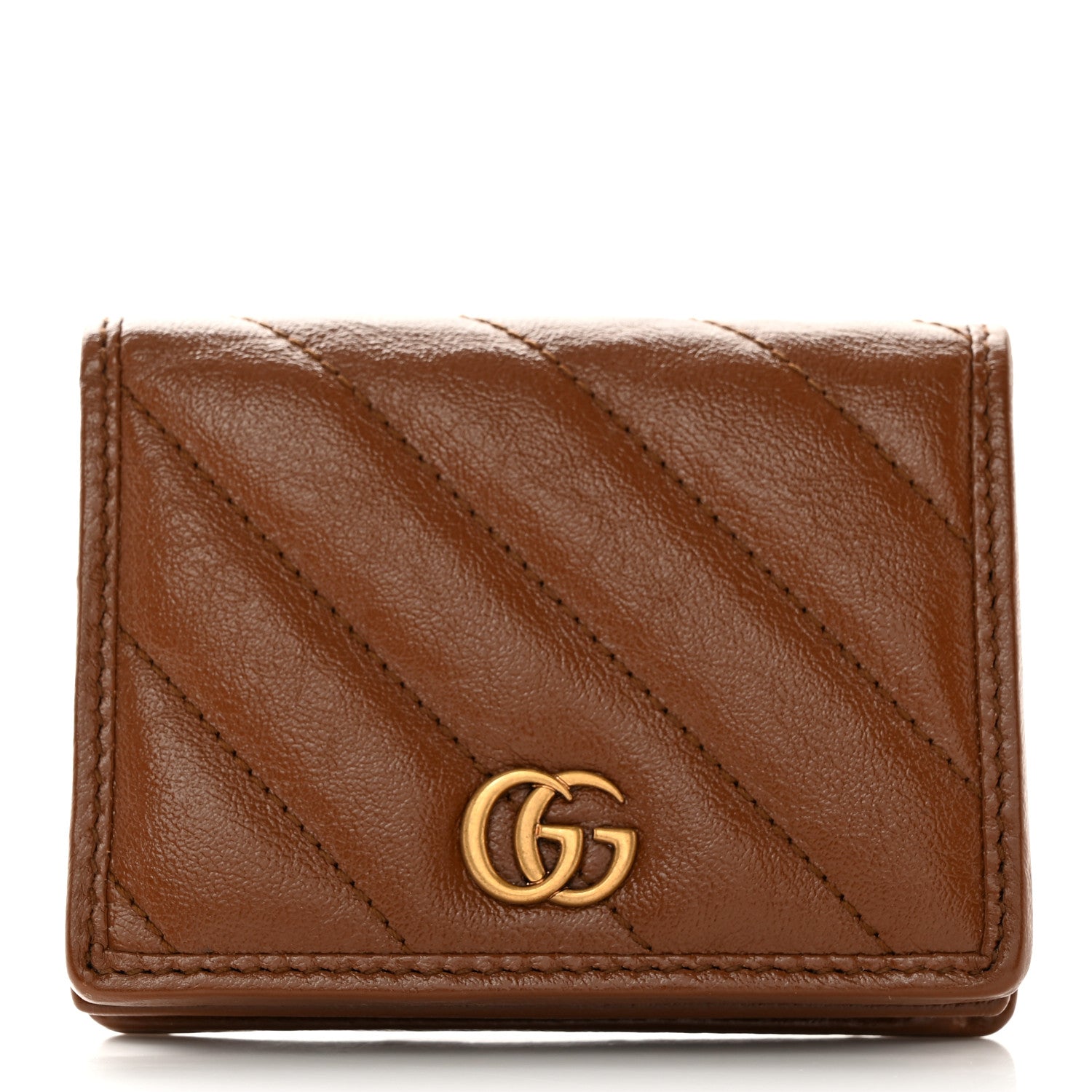 Gucci Azalea Calfskin Matelasse Diagonal Torchon GG Marmont Card Case Wallet Brown 1 of 10