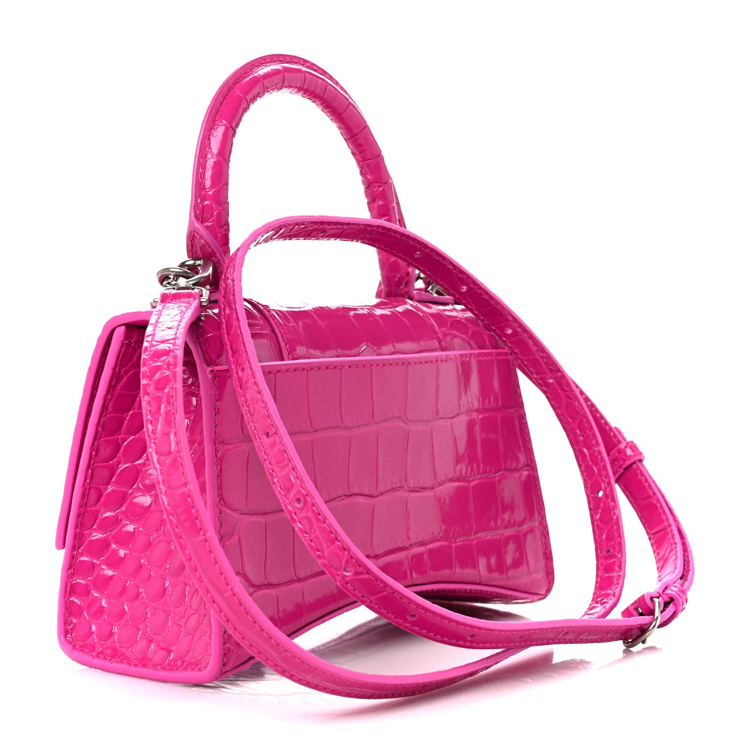 Shiny Calfskin Crocodile Embossed Hourglass Top Handle Bag XS Lipstick Pink