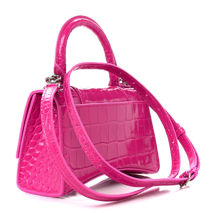Balenciaga Shiny Calfskin Crocodile Embossed Hourglass Top Handle Bag XS Lipstick Pink 3 of 12