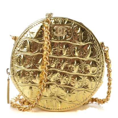 Chanel Metallic Calfskin Crocodile Embossed Cocodile Round Clutch with Chain Gold 1 of 8