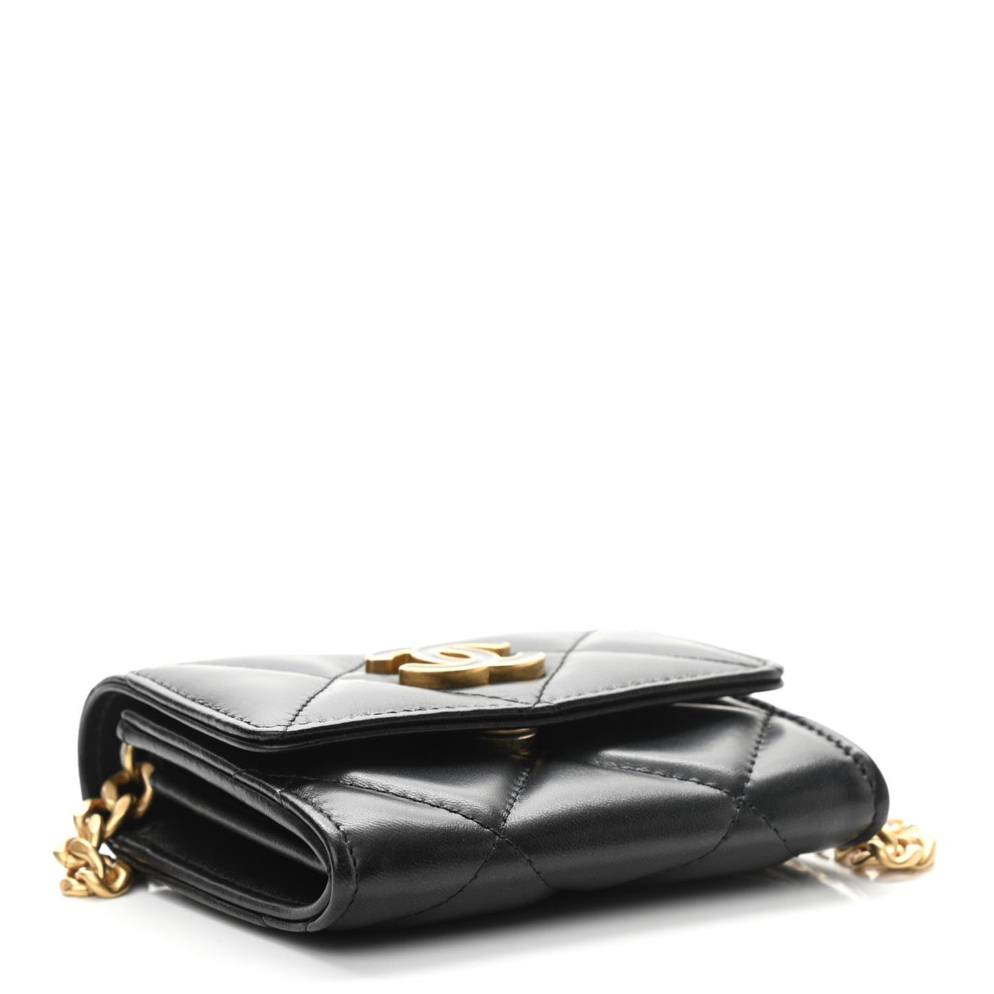 Lambskin Enamel Quilted Pending CC Card Holder On Chain Black