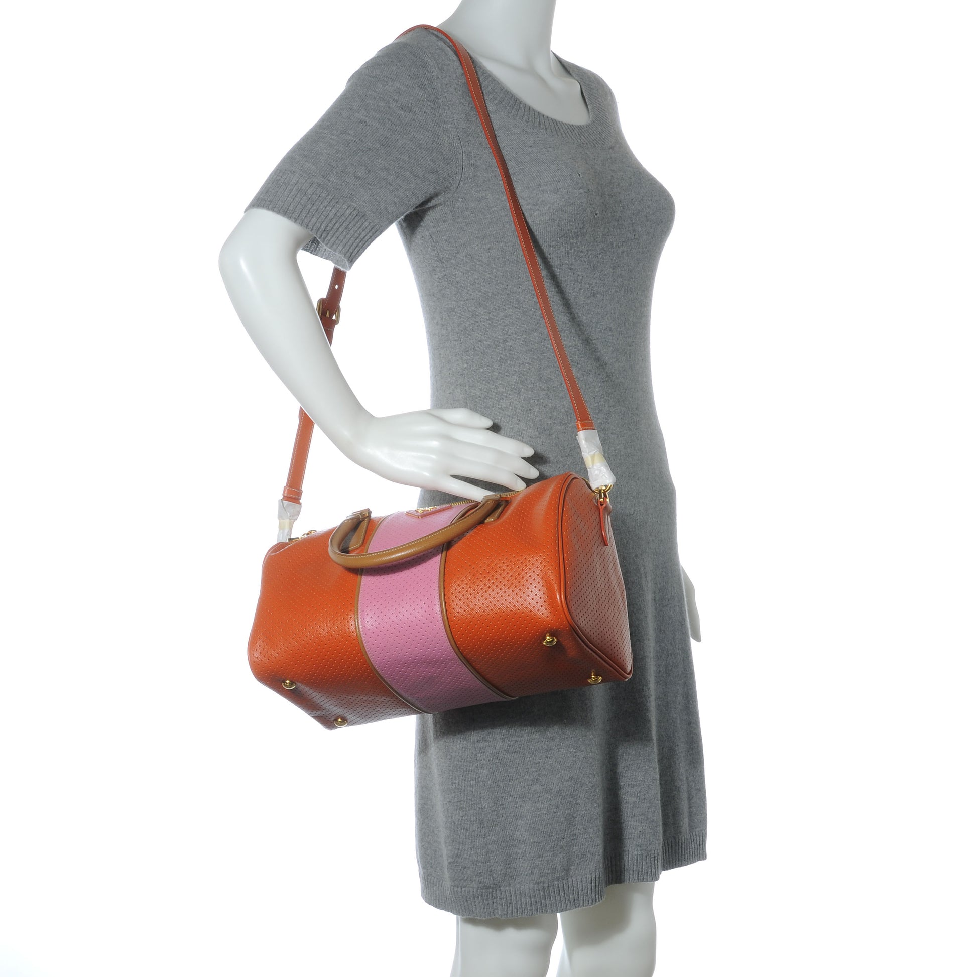 Prada Saffiano Perforated Striped Boston Papaya Caramel 2 of 10