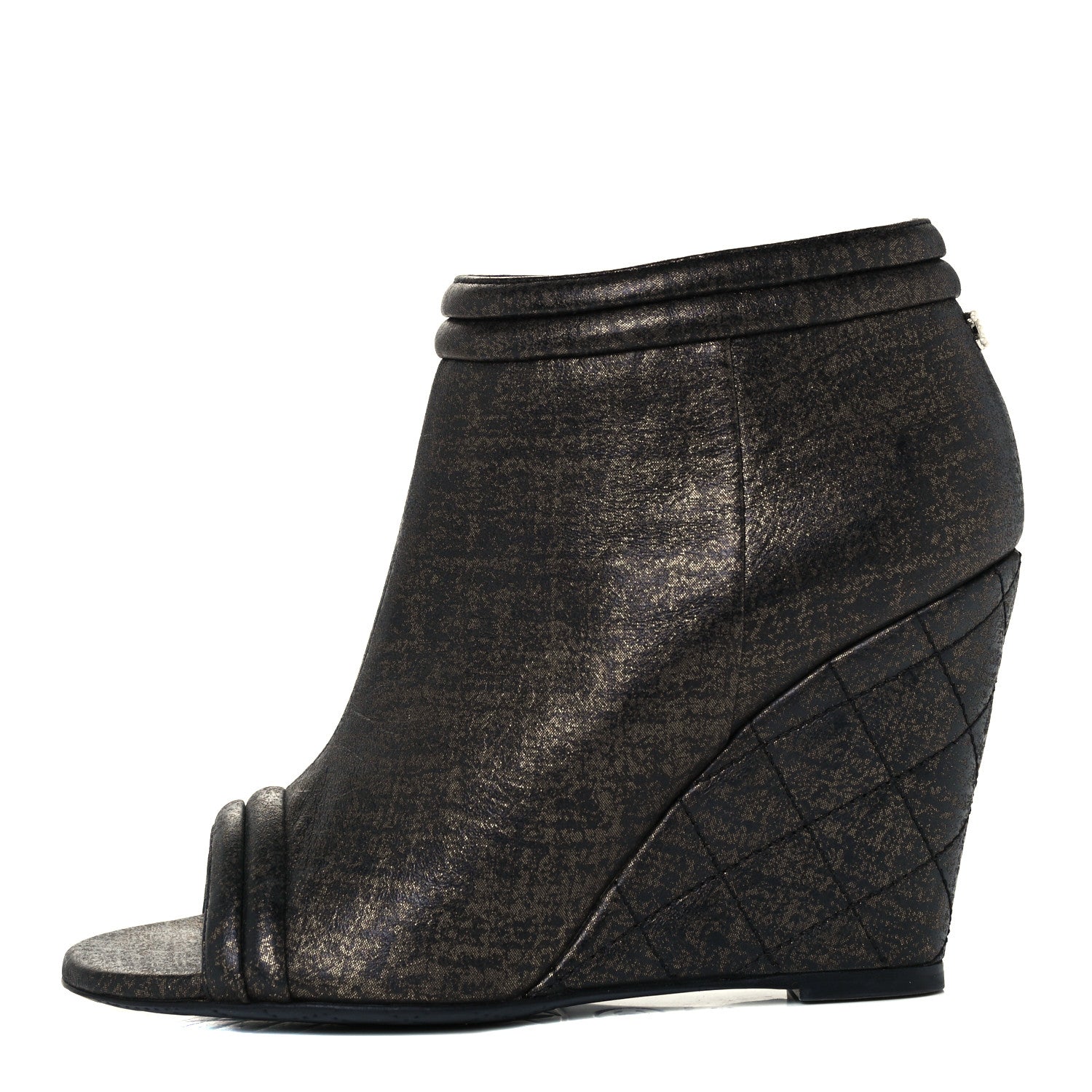 Chanel Fantasy Lambskin Peep Toe Short Boots 36.5 Black Gold 1 of 10