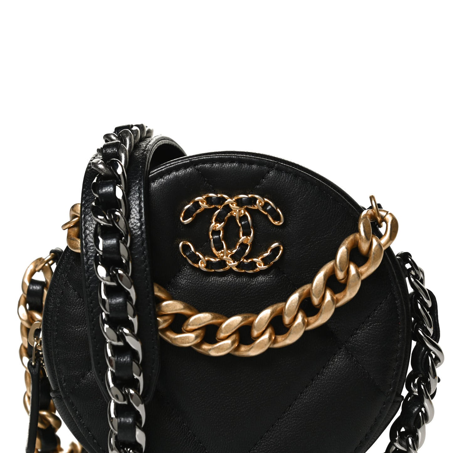 Goatskin Quilted Chanel 19 Round Clutch With Chain Black