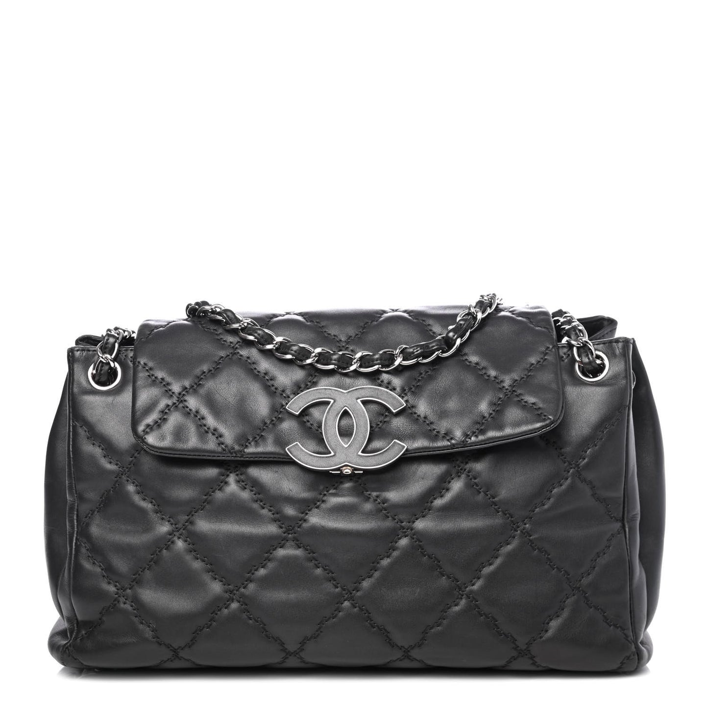 Calfskin Double Stitch Large Hamptons Flap Bag Black
