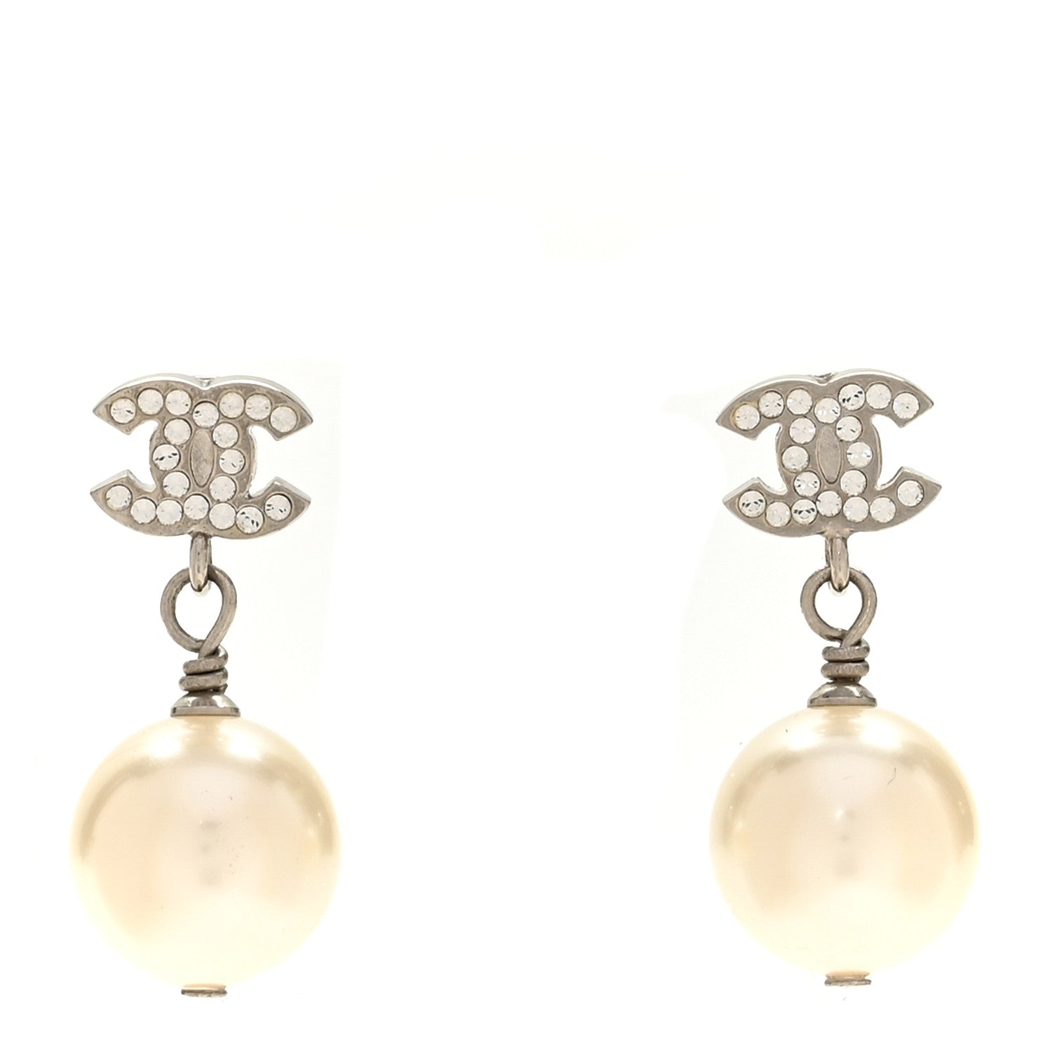 Chanel Crystal Pearl CC Drop Earrings Silver 1 of 5