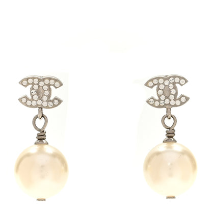 Chanel Crystal Pearl CC Drop Earrings Silver 1 of 5