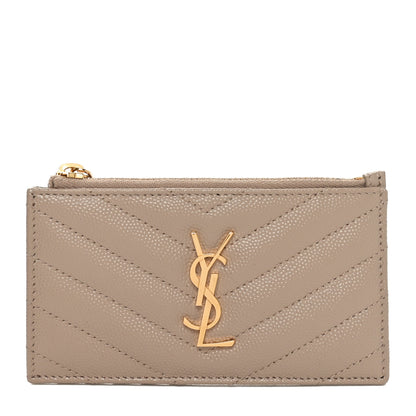 Saint Laurent Grain De Poudre Matelasse Chevron Monogram Fragments Zippered Card Case Deep Beige 1 of 9