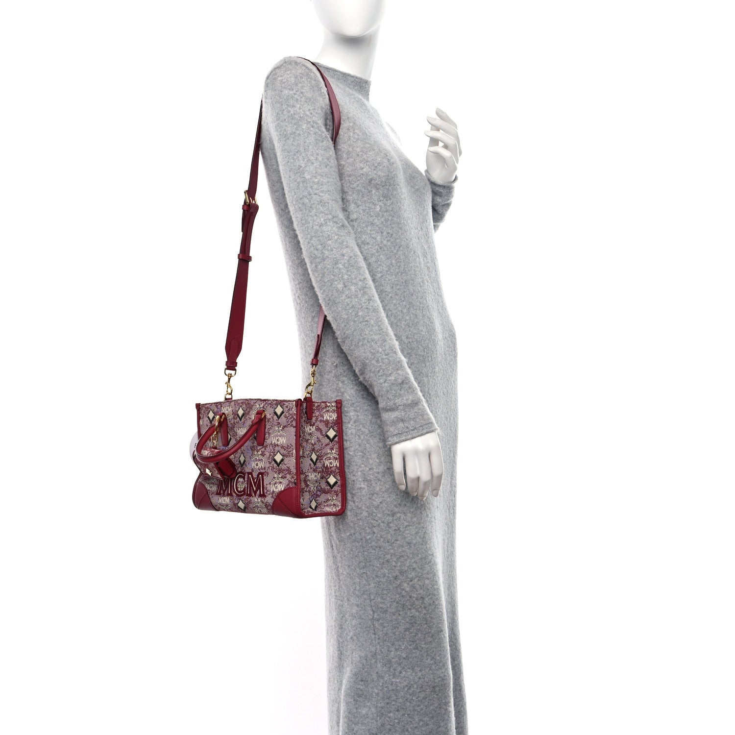 MCM Vintage Jacquard Monogram Small Munchen Tote Red 3 of 8