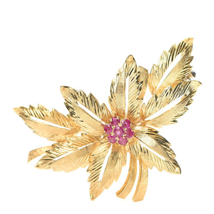 Cartier 18K Yellow Gold Ruby Floral Pin Brooch 1 of 4