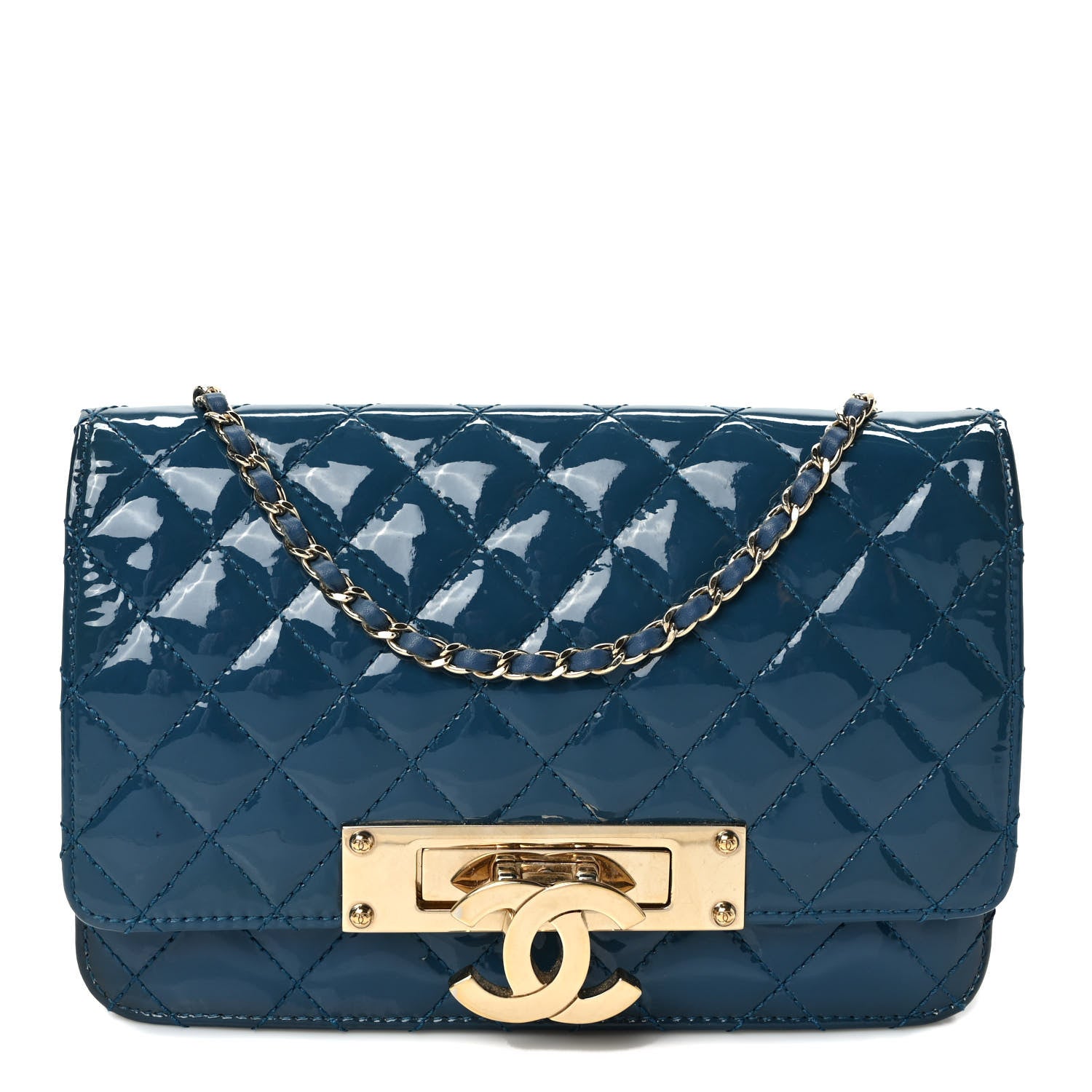 Chanel Patent Quilted Golden Class Wallet on Chain WOC Blue 1 of 9