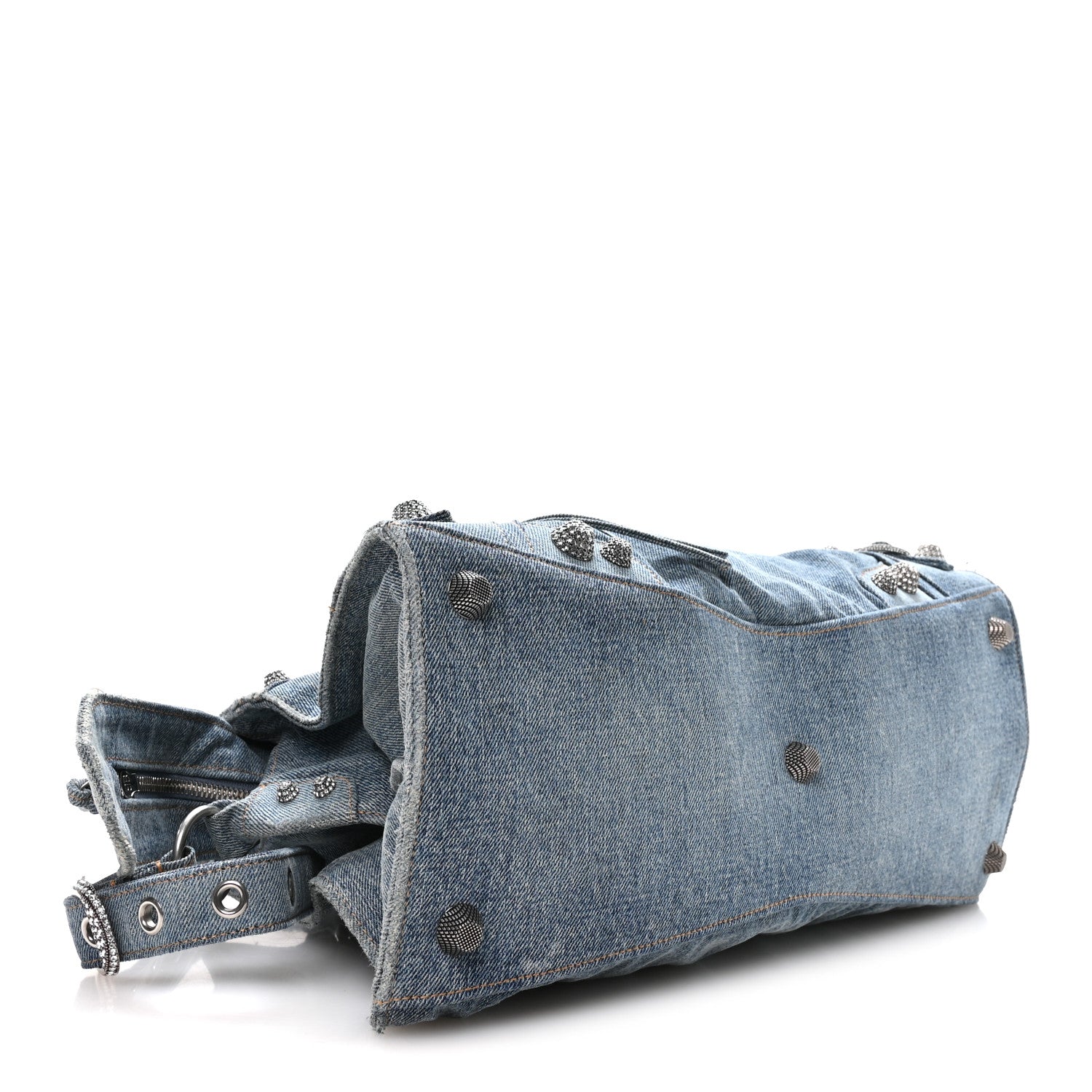 Balenciaga Washed Frayed Denim Crystal Neo Cagole City Handbag Blue 5 of 12