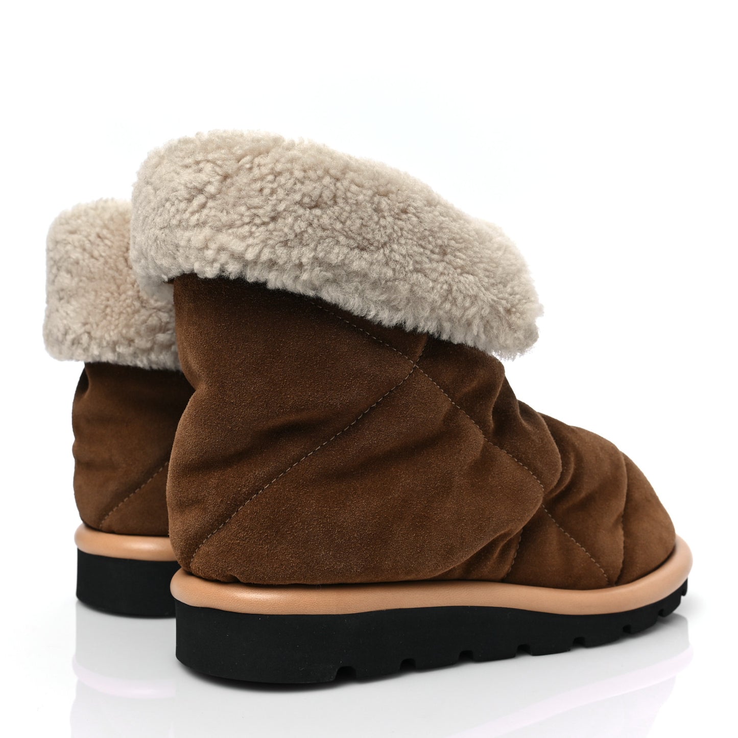 Suede Shearling Quilted Flat Ankle Boot 36 Beige