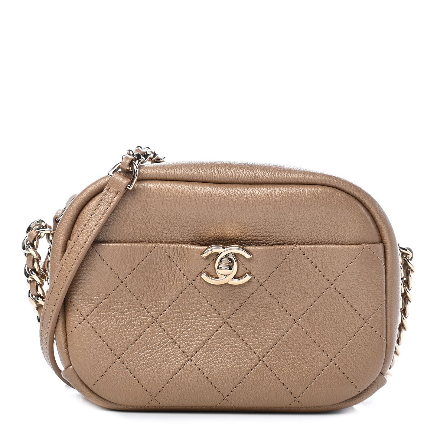 Metallic Goatskin Small Casual Trip Camera Case Beige
