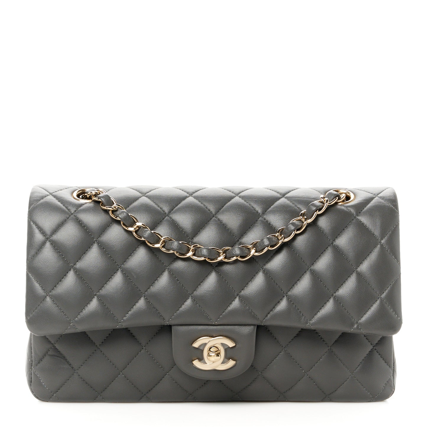 Lambskin Quilted Medium Double Flap Dark Grey