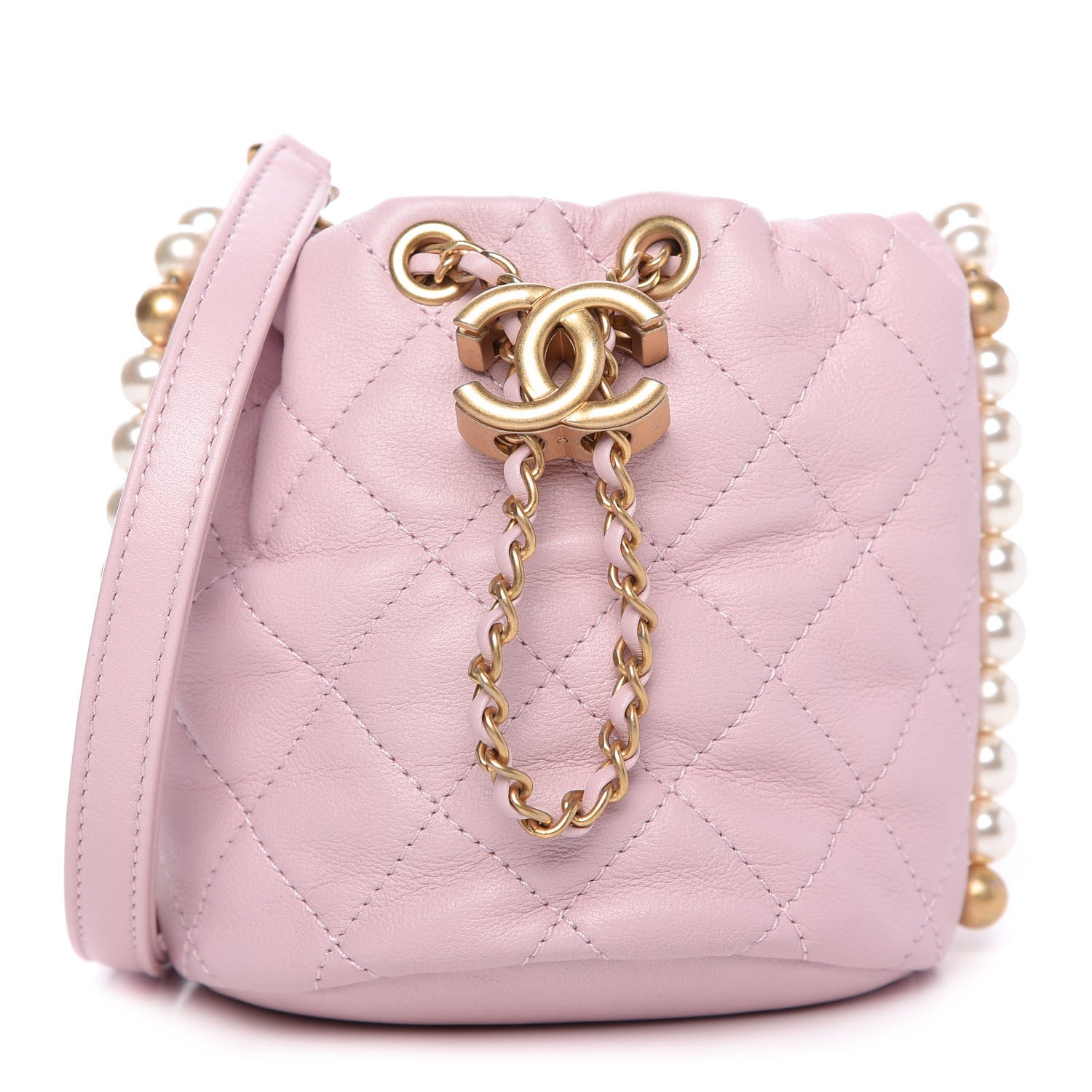 Chanel Calfskin Quilted Pearl Mini About Pearls Drawstring Bucket Light Pink 1 of 11