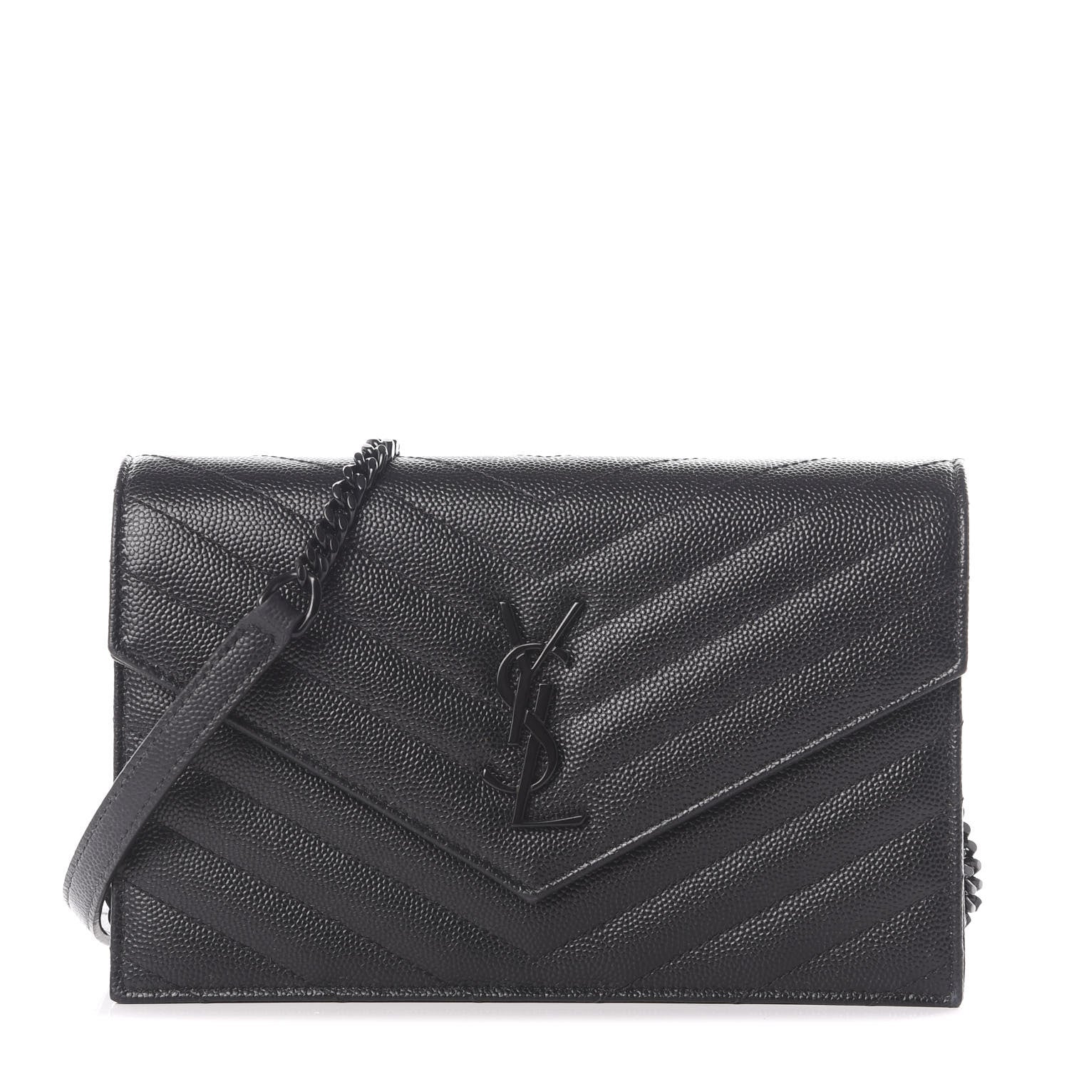 Saint Laurent Grain De Poudre Matelasse Chevron Monogram Envelope Chain Wallet Black 1 of 10