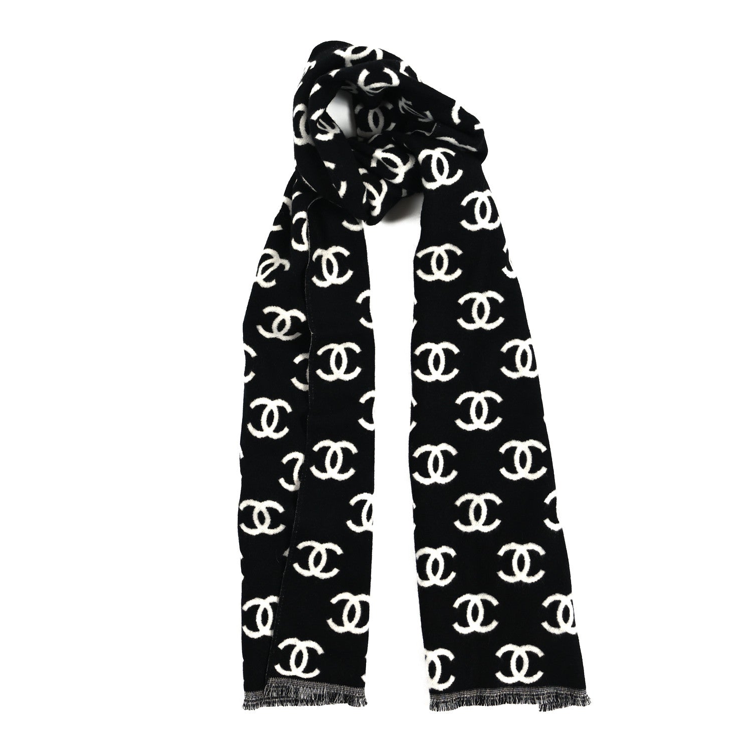 Chanel Wool Cashmere CC Scarf Black White 1 of 3