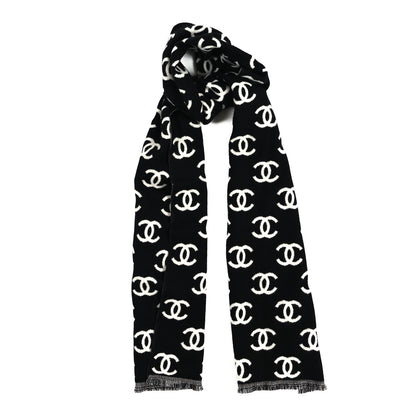 Chanel Wool Cashmere CC Scarf Black White 1 of 3