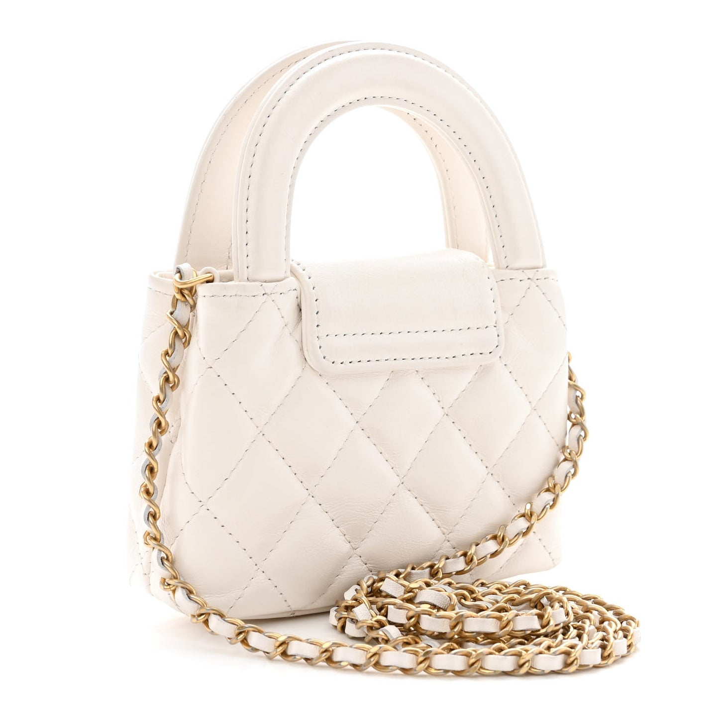 Shiny Aged Calfskin Quilted Mini Nano Kelly Shopper White