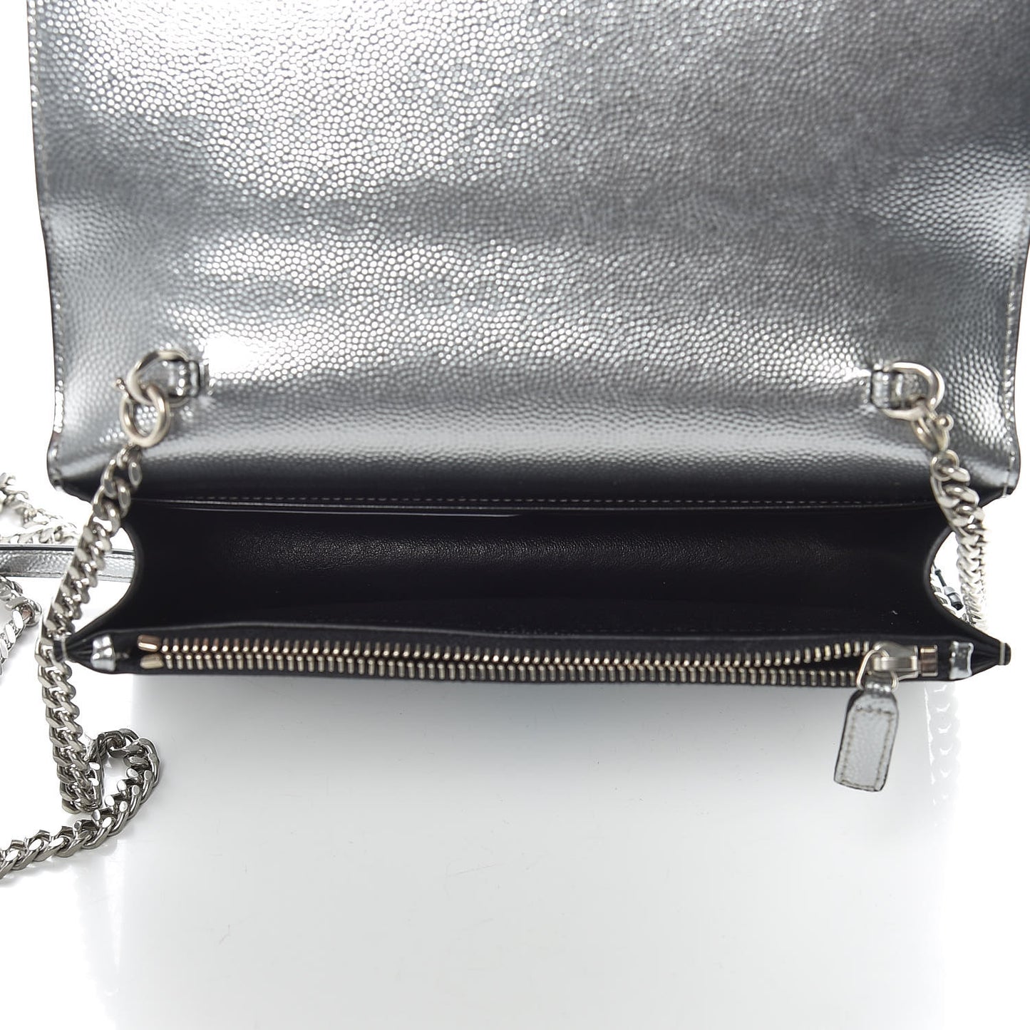 Metallic Grain De Poudre Kate Monogram Tassel Chain Wallet Silver