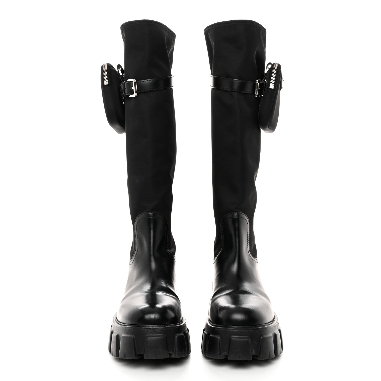 Prada Spazzolato Rois Re-Nylon Metal Triangle Logo Monolith Pouch Pocket 55mm Tall Boots 41 Black 2 of 9