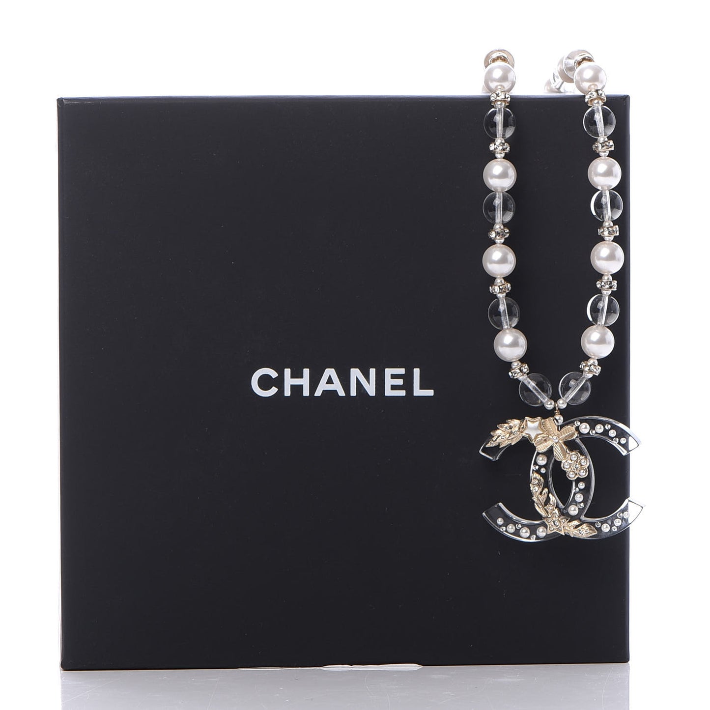 Resin Pearl Crystal CC Necklace Pearly White Transparent Gold